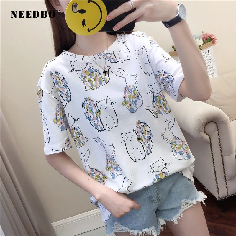 

T Shirt Women New Arrivals Cartoon Tee Shirt Femme Style Korean Short Sleeve O-neck T-shirt Women White Cute Cat Printed Tops