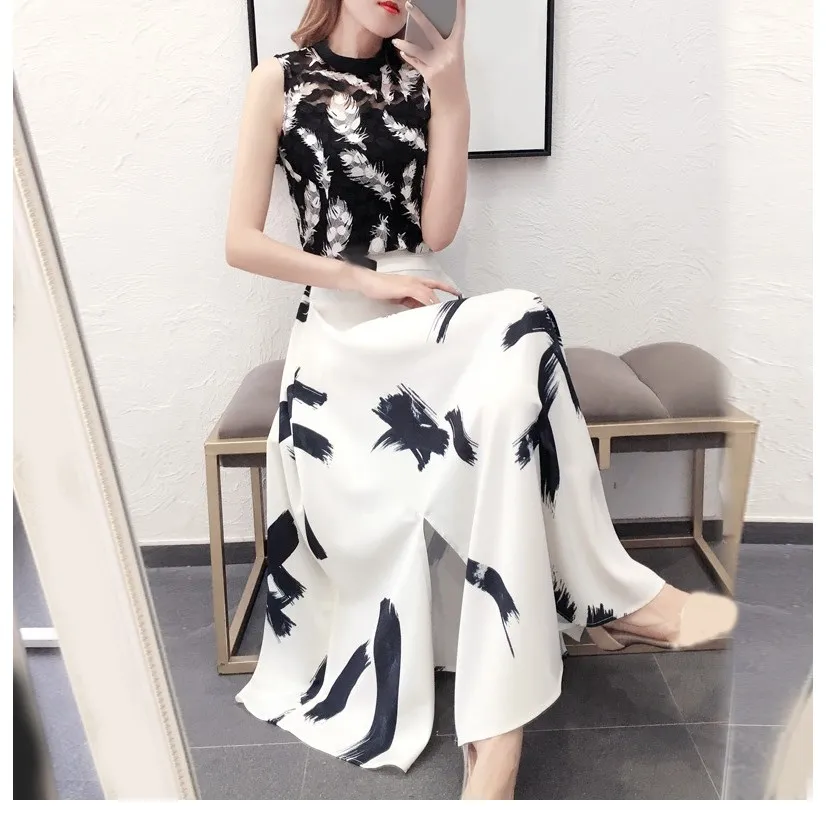 

2 Piece Set 2019 Summer Women Mesh Top Two-piece Print Split Long Skirt Set Ladies Sleeveless A-Line Skirt Set