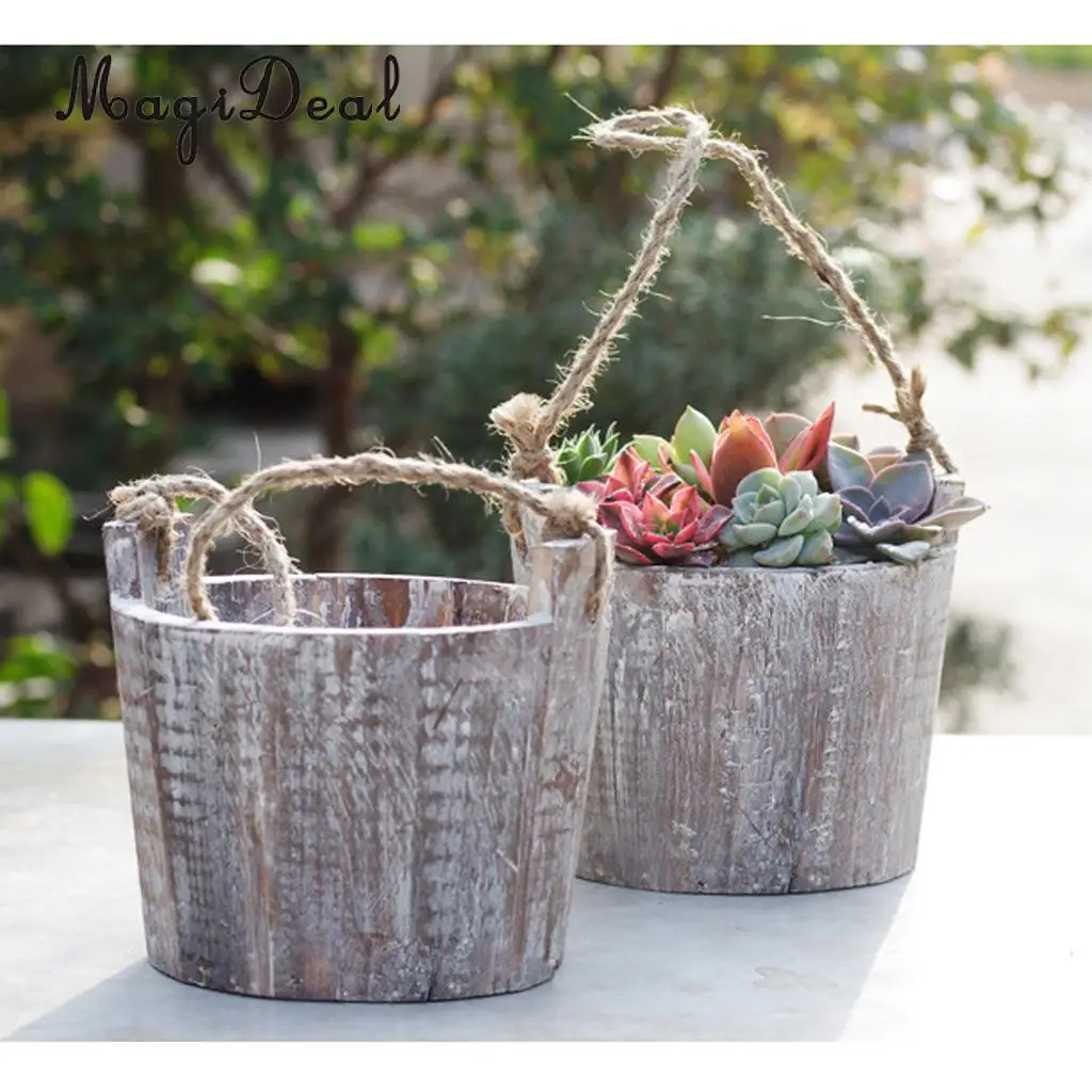 Buy MagiDeal Wooden Rope Bucket Barrel Basket Plants