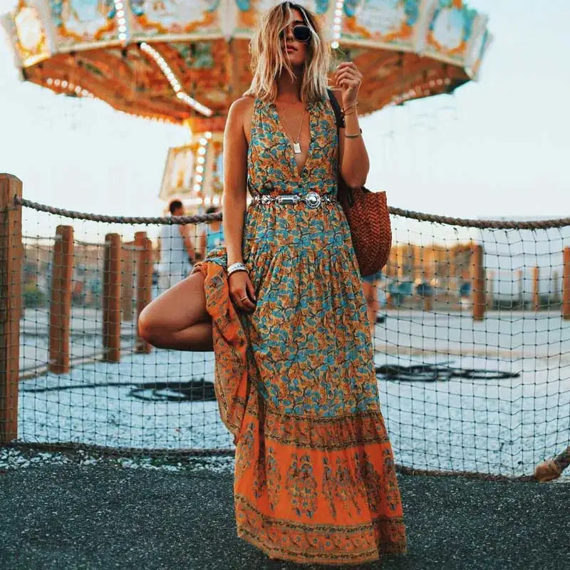 

Women Boho Dress Sexy Vintage Floral Print Flowy Chic Dress Lady Sleeveless Button Up Holiday Beach Summer Dress High Quality