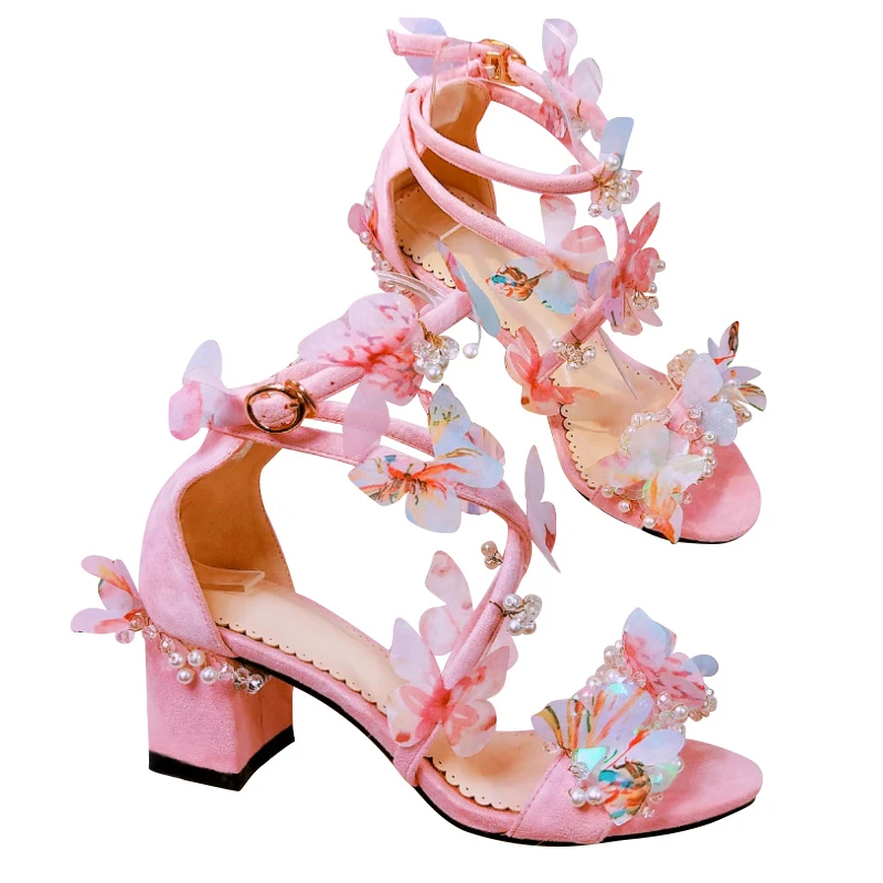 

Sweet Pink Gladiator Sandals Women 2018 Summer Shoes Woman Cross Tie Crystals Butterfly High Heels Sandals Bridal Wedding Shoes