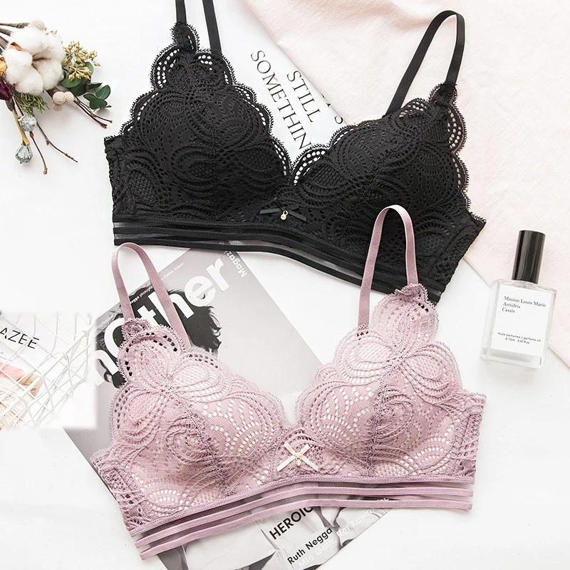 Женский кружевной бюстгальтер с пуш ап Bralette Thin3/4 чашечками модное беспроводное