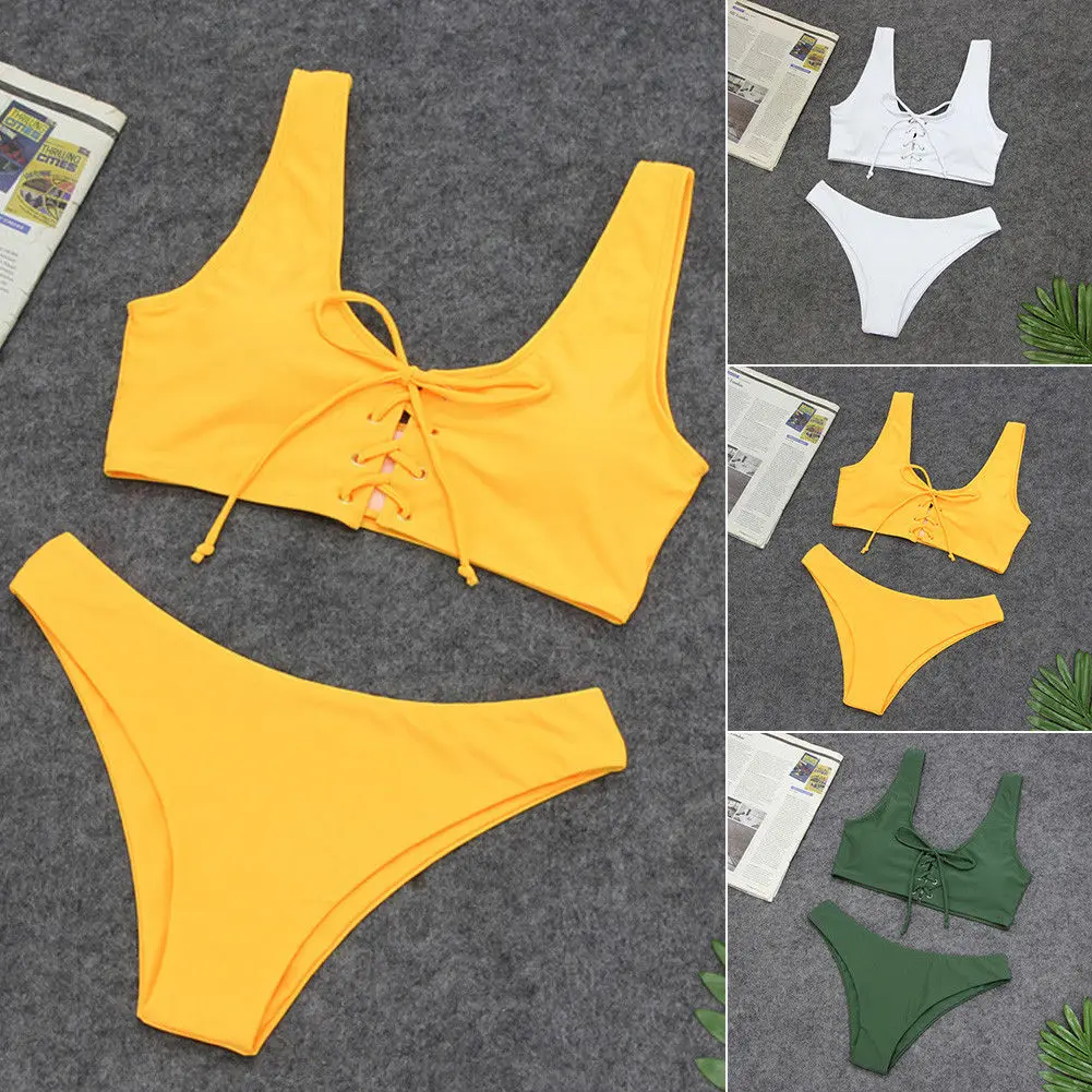 

Sexy Bandage Front Bikinis Women Push Up Swimsuit Bikini Set Bandage Swimwear Yellow Thong Bathing Suit 2019 Swimming Suit