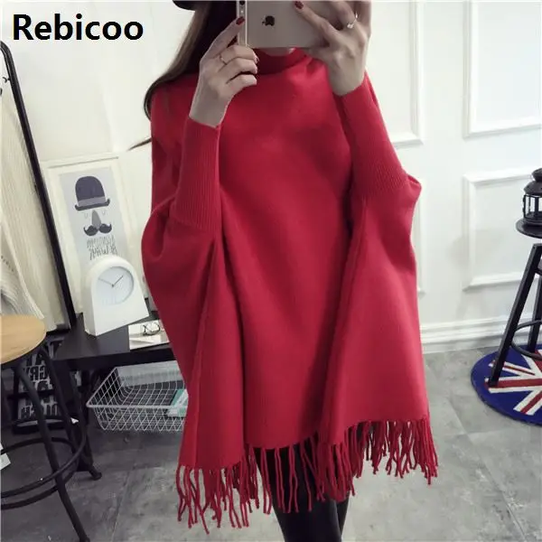 

2019 Women Pullovers And Sweaters Loose Tassel Soft Shawl Poncho Women Slash Neck Bat Long Sleeve Pullover Sweater Shawl