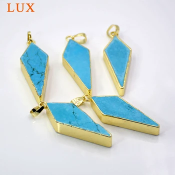 

Long Teardrop gold bezel Natural rhombus Copper Turquoises Pendant Bead Shield Drop Real Turquoises Gem stone Charm Boho jewelry