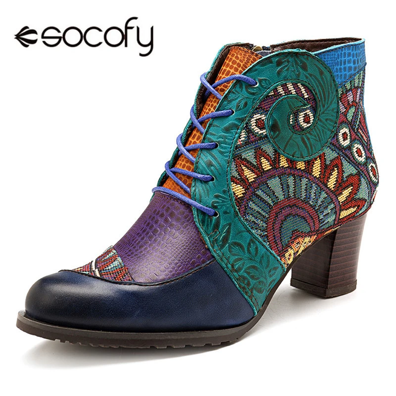 SOCOFY Women Cowgirl Genuine Leather Splicing Color Match Ankle Boot Block Shoes SOCOFY Women Cowgirl Genuine Leather Splicing Color Match Ankle Boot Block Shoes