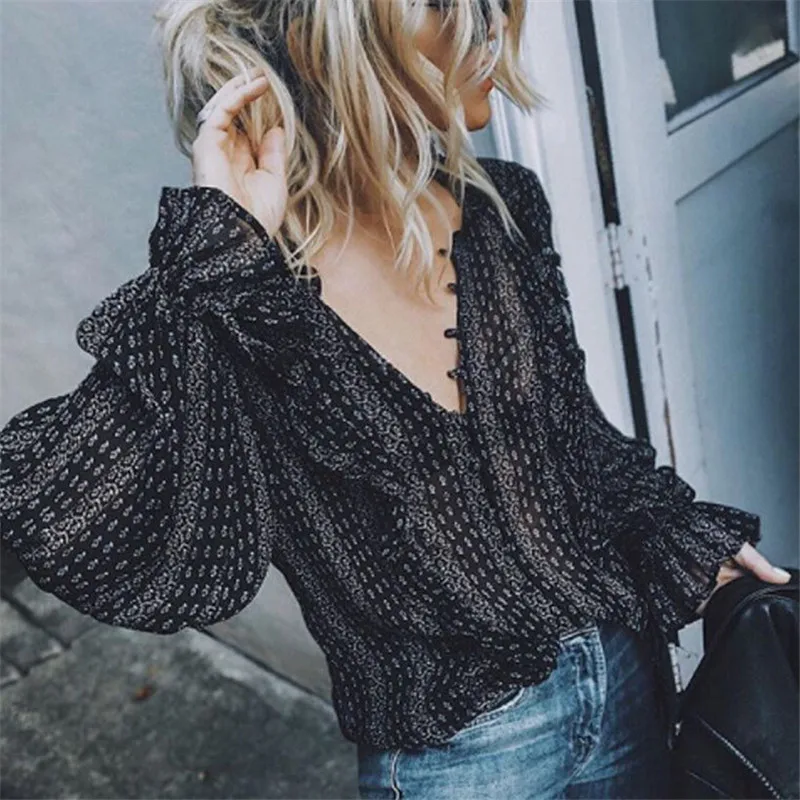 Женская повседневная черная Свободная рубашка с длинным рукавом Boho топы для