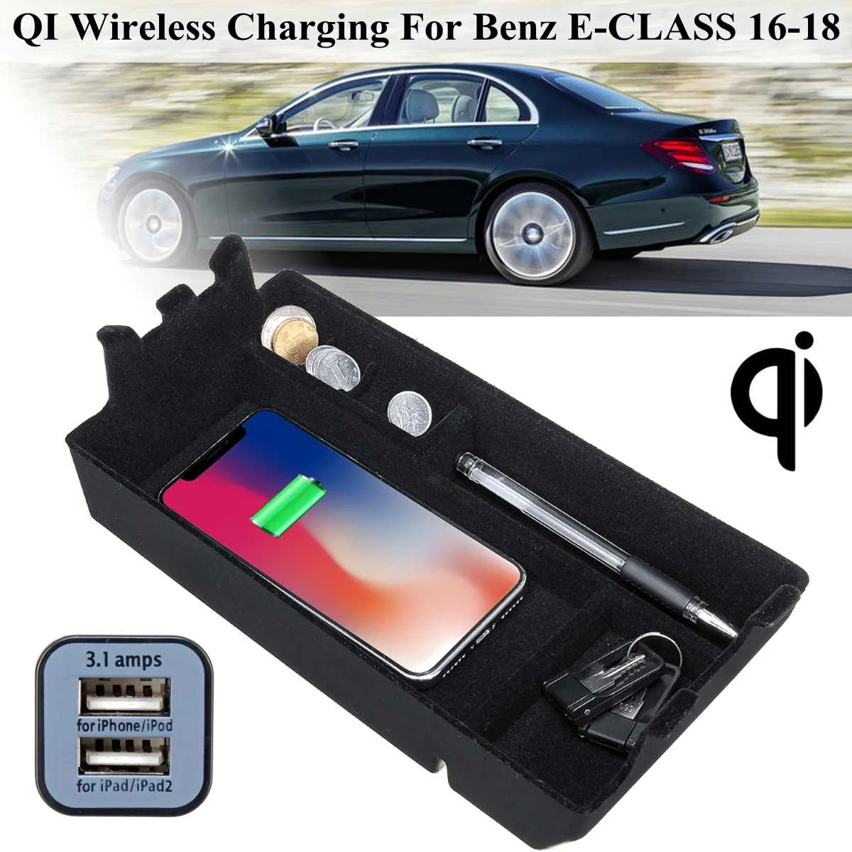 

12V DC Phone Wireless Charging Central Armrest Storage Box For Mercedes-Benz E Class W213 E200 E300 2016 2017 2018 LHD Model