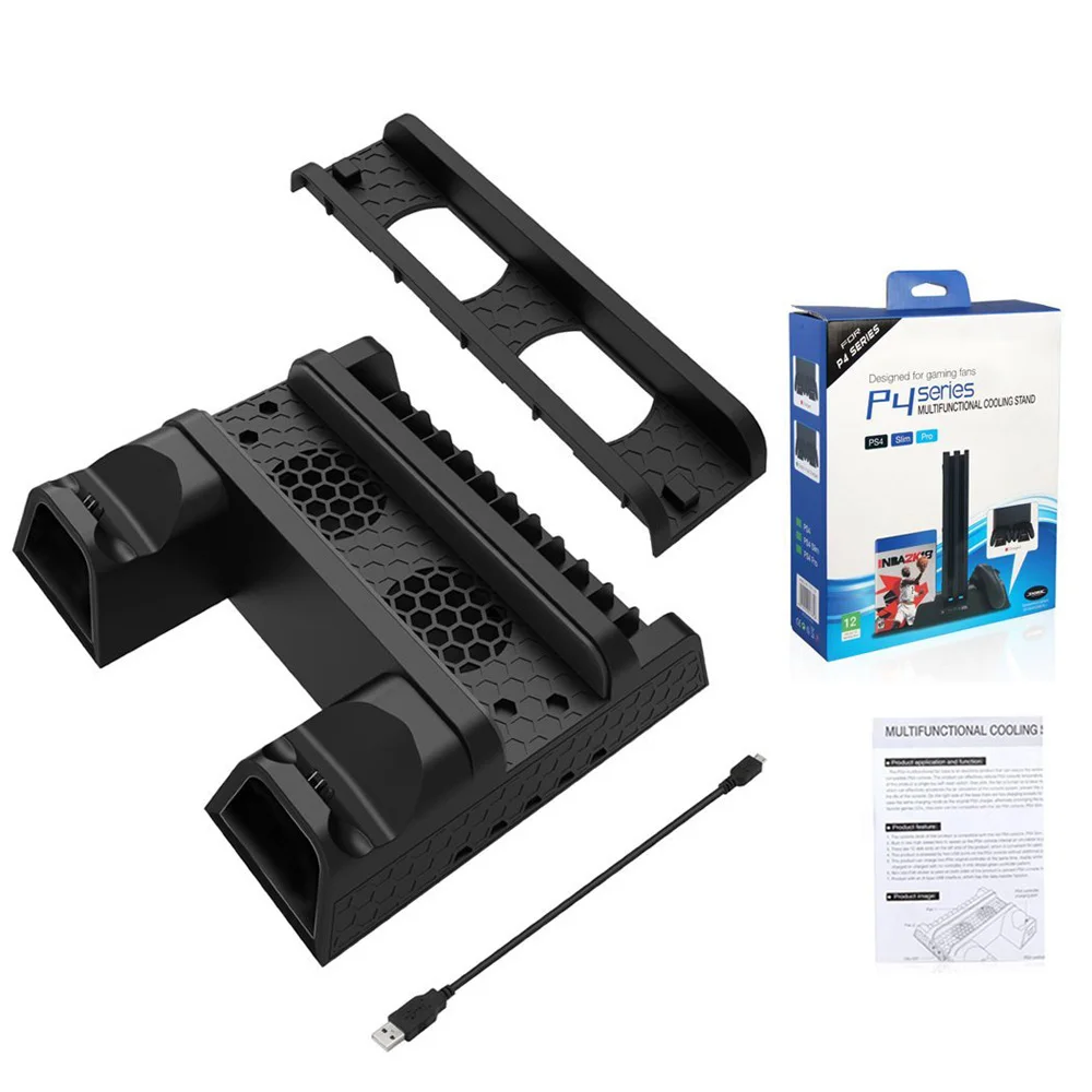 

For PS4/PS4 Slim/PS4 Pro Vertical Stand with Cooling Fan Cooler Dual Controller Charger Charging Station for Sony Dualshock 4