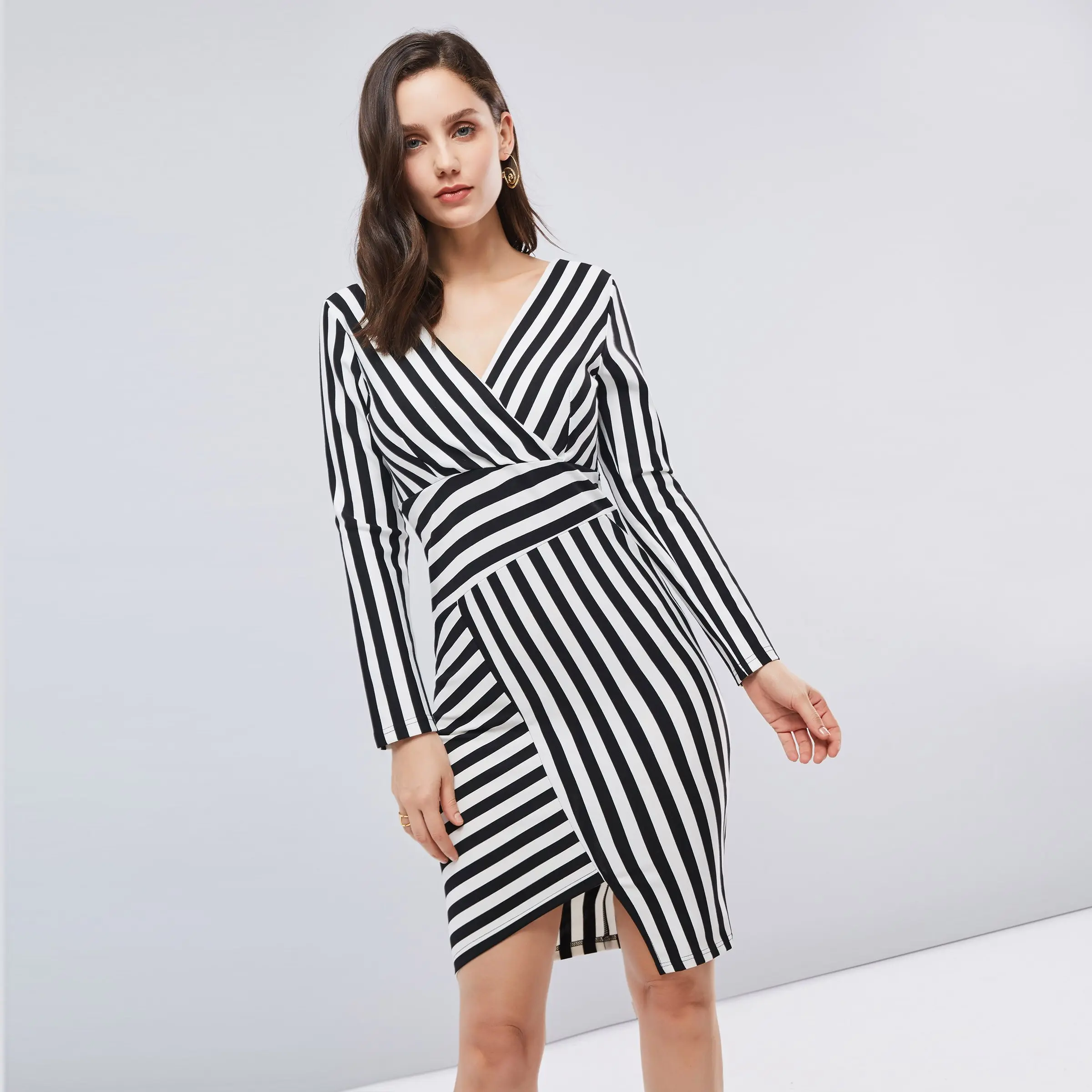 Black White Striped Bodycon Dresses Women High Waist Slim Asymmetric ...