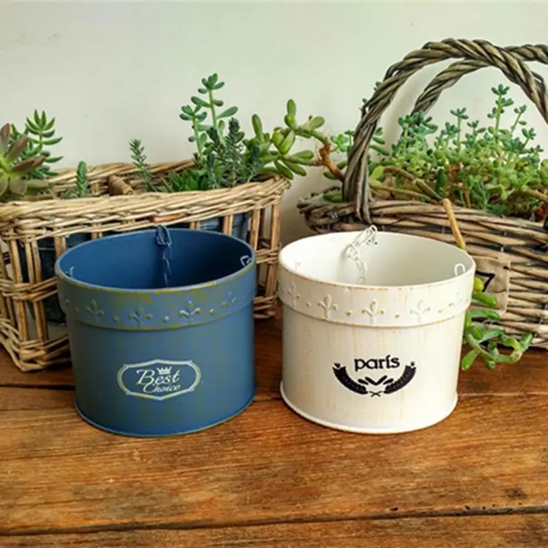 

Vintage Metal Iron Keg Flower Pot With Hook Hanging Balcony Garden Plant Planter Decor Retro Pot Holder House Decoration