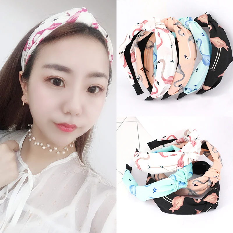 

Headwear Fashion Women Elastic Wide Headband Chiffon Hot New Hair Accessories Crossed Turban Hair Bands Flamingo Printed