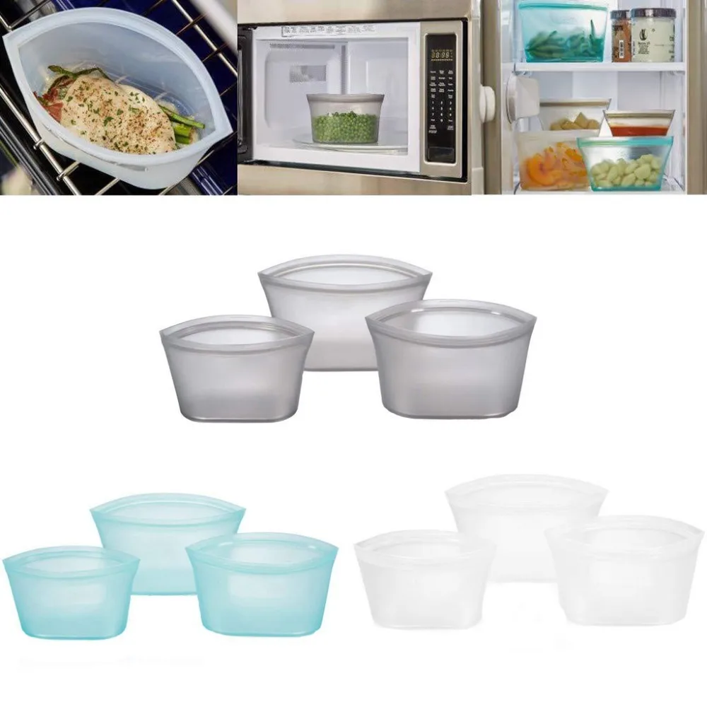 

3 x Reusable Silicone Food Preservation Bag Airtight Seal Set Zip Leakproof Storage Container Versatile Kitchen Cooking Utensil