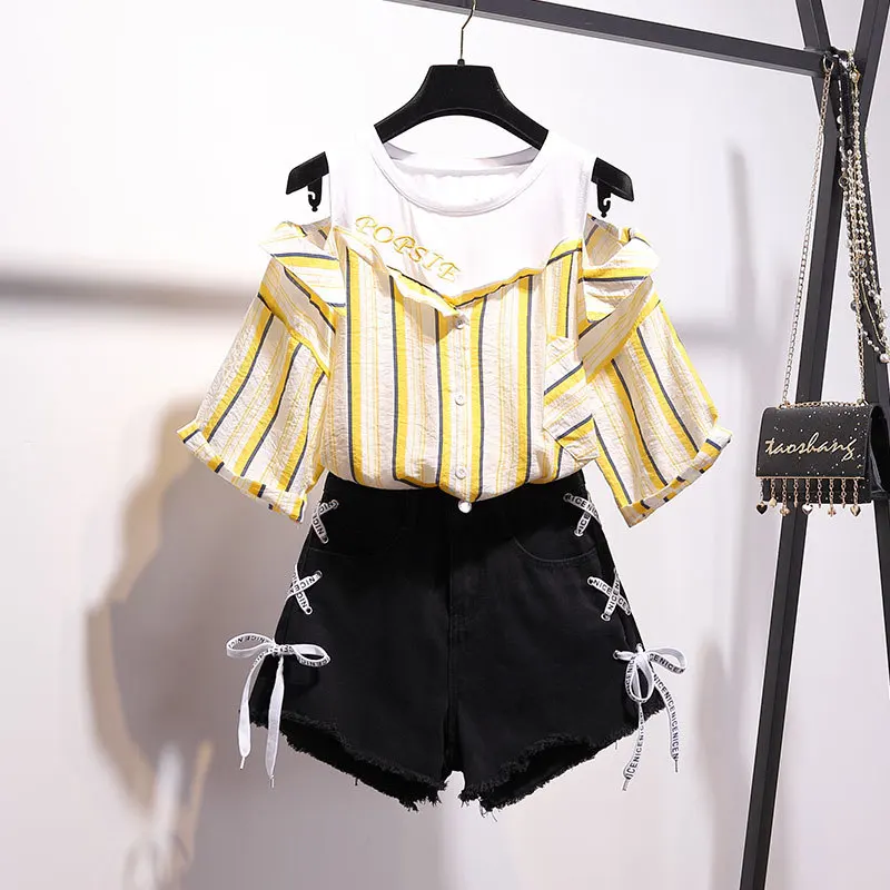 

New 2019 Summer Fashion Women Suits Elegant Off Shoulder Striped O Neck Sexy Top + Femme High Waist Short Jeans Two Piece Sets