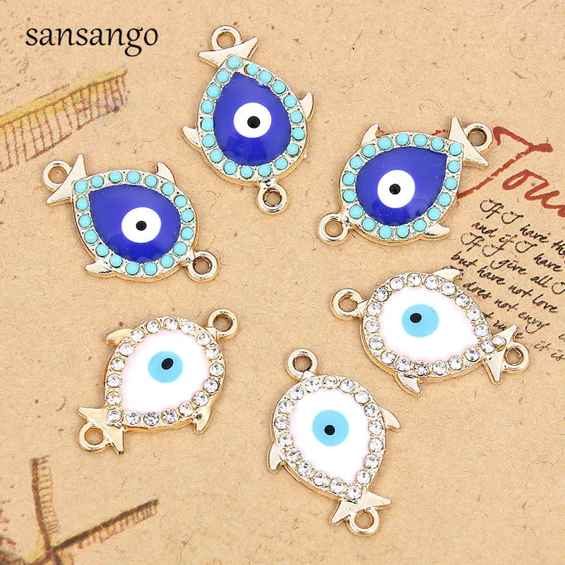

10 Pcs Gold Frame Acrylic Small Fish With Evil Eye Alloy Bracelet Charm Connectors For DIY Fashion Jewelry Findings