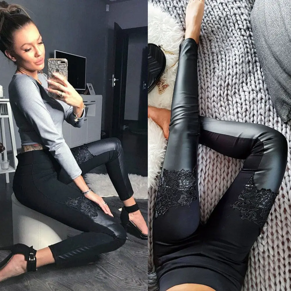 Womens Faux Leather Leggings with Lace Embroidery High