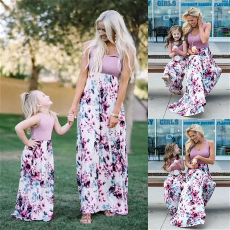 Family Matching Clothes Women Girls Mother and Daughter Floral Dresses Outfits