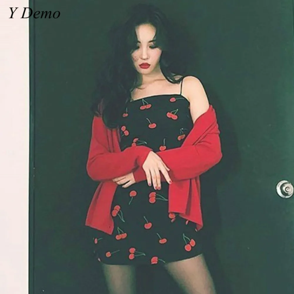 

Sweet Sexy Women Spaghetti Strap Dress Cherry Printing Slim Dress