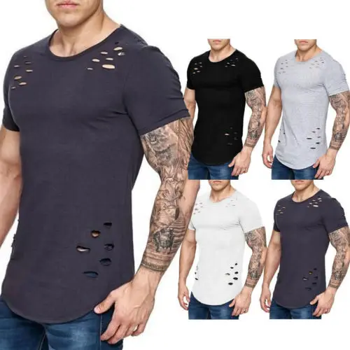

2019 New Fashion Men's Slim Fit O Neck Short Sleeve Muscle Tee T-shirt Casual Tops Hole Solid Simple Blouse Dropshipping Solid