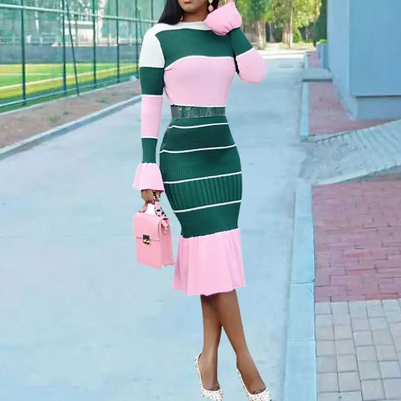 

Patchwork Dress 2019 Stripe Pink Ruffle Flare Sleeve Bodycon Dresses Elegant Office Lady Business Daily African Women Midi Dress