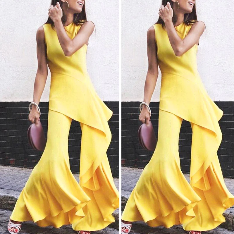 

Summer Casual Rompers O Neck Sleeveless Slim Fit Solid Color Ruffles Bell-bottom Jumpsuit