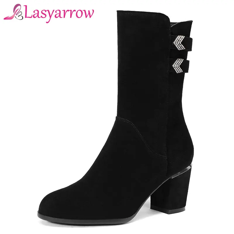 Solide Haute Short Plush En Hiver Noir Daim Talons Lasyarrow Bottes De Bas Inside Femmes mollet Automne Marque Épais Femme Mi Mode Pour Chaussures Inside plus QdxCBroWe