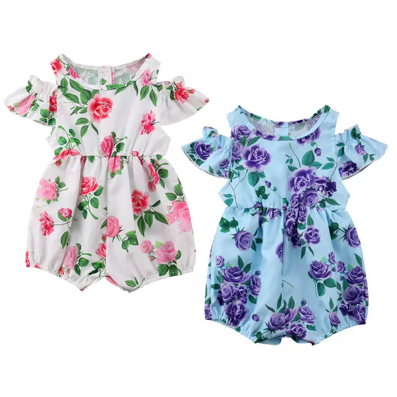Emmababy новорожденных для маленьких девочек цветочный короткий рукав с открытыми плечами два цвета ползунки комбинезон одежды снаряжение