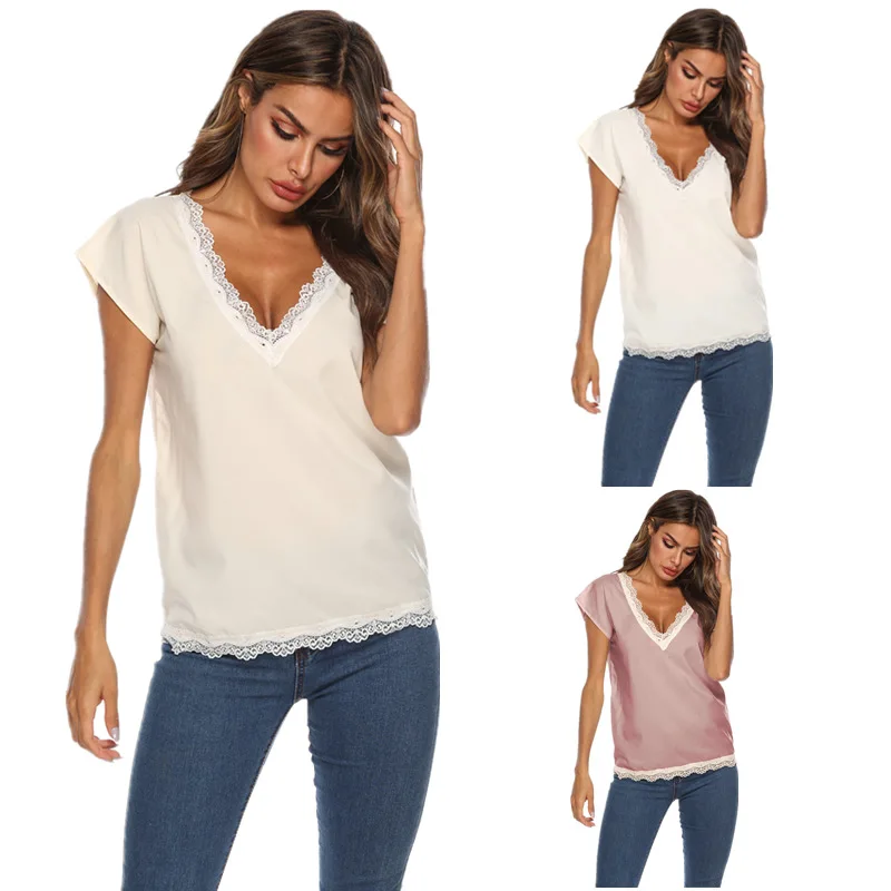 

2019 Spring Summer Vogue Female Lace T-shirt Solid Color V-neck Short Sleeve Korean Fashion Elegant Women Sexy Tees Vintage Tops