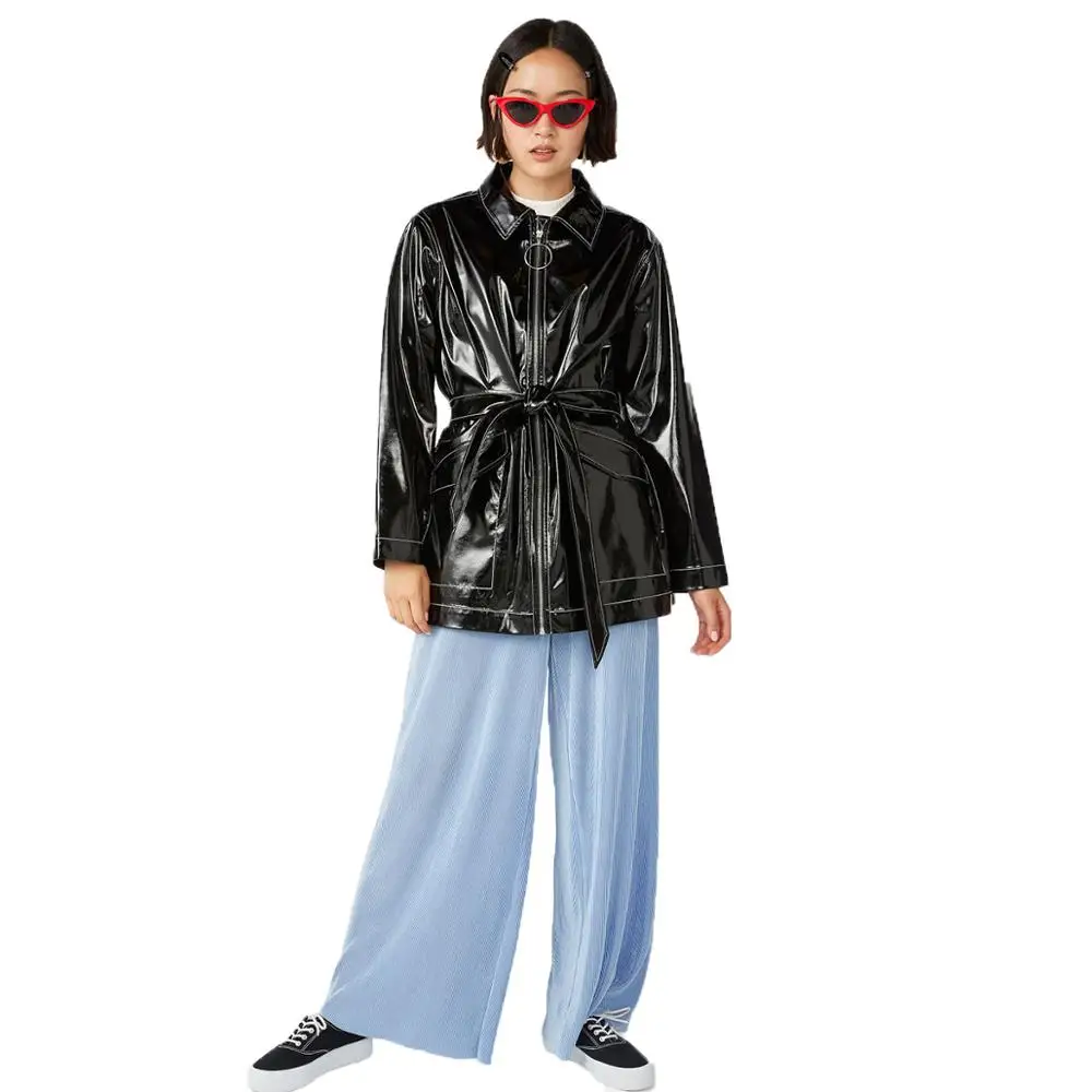 

MINSUNDA Black O-Ring Zip Up Longline Female Work Wear Belted Tie Jacket Ladies Pockets Front Long Sleeve Outwear Women PU Coats