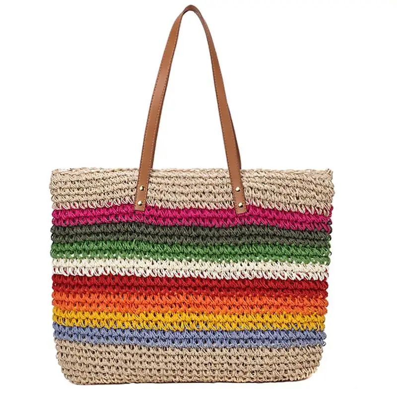 

Fashion Lady Handbag Beach Rainbow Color Lady Handbag Shoulder Korean Version Of The Trend Beach Straw Bag