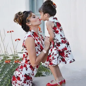 

PPXX Summer Floral Girl Women Dress Mother Daughter Family Matching Formal Party Wedding Dress Clothing Family Look Rose