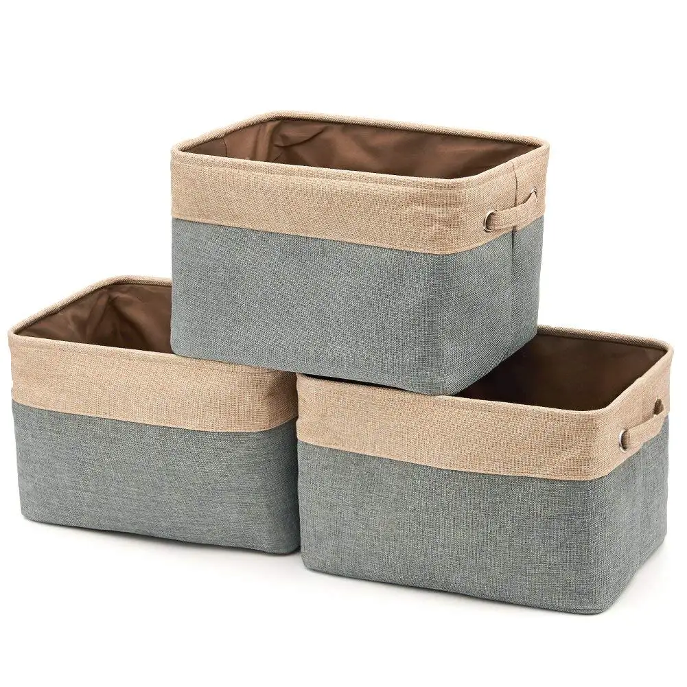 

Collapsible Storage Bin Basket [3-Pack] Foldable Canvas Fabric Tweed Storage Square Bin Set With Handles For Home Office Close