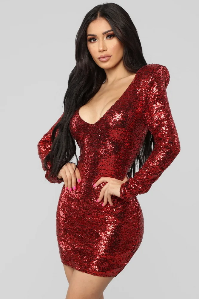 

Yaxez Okayoasis Free Shipping Sexy Women V-neck Long Sleeve Bodycon Red Sequined Dress Elegant Paillette Party Dress Vestidos