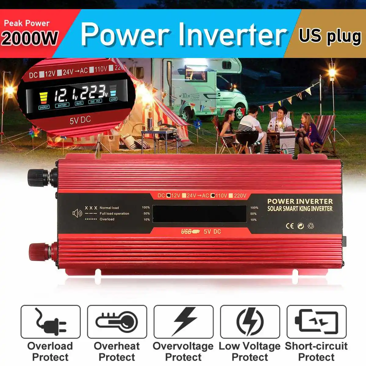 

Car Inverter 12V/24V 220V 1000W 2000W P eak Power Inverter Voltage Convertor Transformer DC 12V/24V To AC 220V LCD Inversor
