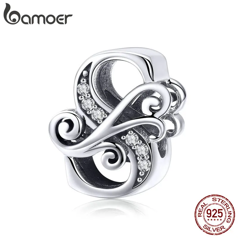 BAMOER 2019 NEW 925 Sterling Silver Vintage A to Z Clear CZ 26 Letter Alphabet Bead Charms Fit Bracelets DIY Jewelry BSC030