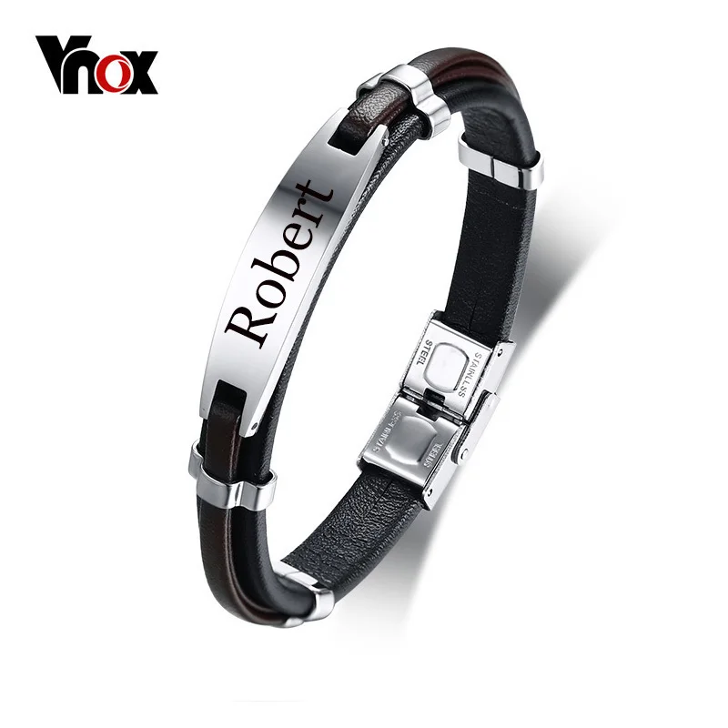 

Vnox Men's Free Engraving Customize Info ID Bracelet Stylish Black Genuine Leather Erkek Bileklik Wrist Bracelet 8.26