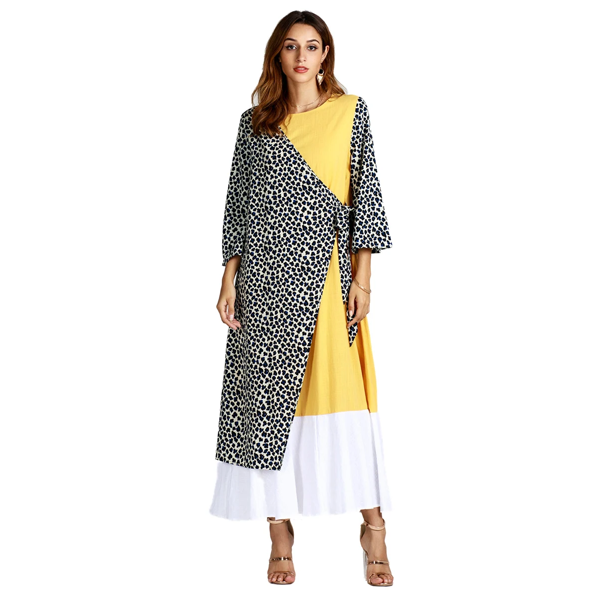 

Autumn New Muslim Middle East Dress Long European And American Women's Clothing Splice Leopard Print Sleeve Plus Size Maxi Dre