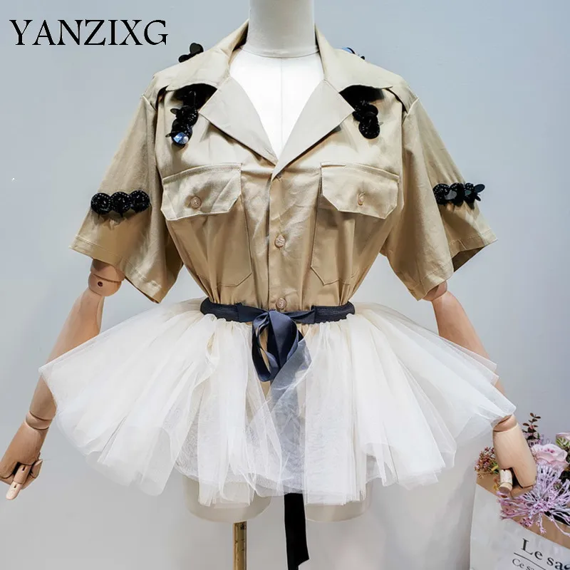 

2019 Summer Clothes For Women Beads Letter Embroidery Short Sleeve Loose Coat Patchwork Detachable Mesh Waist Belt R077