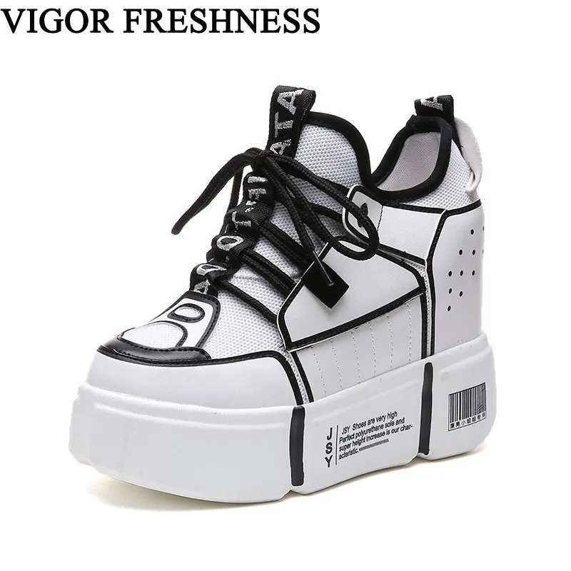 

VIGOR FRESHNESS Shoes Women Sneakers 9CM Mesh Height Increasing Shoes Woman High Hidden Heel Shoes Lady Sneakers Female W272