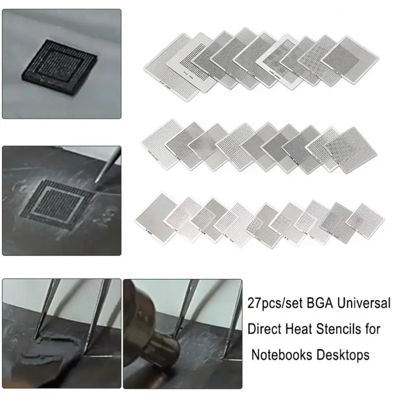 

27 PCS BGA Stencil Direct Heat Reballing Universal Stencil Template Set Steel for Reballing the BGA IC Heated by Hot Air Machin