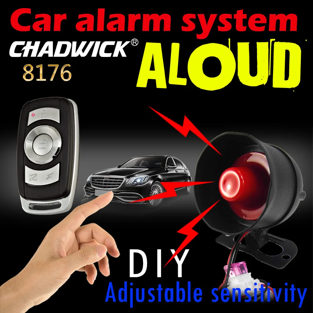 

12V Car alarm system with siren aloud sound 20W one way remote control Adjustable sensitivity CHADWICK 8176 DIY connect battery