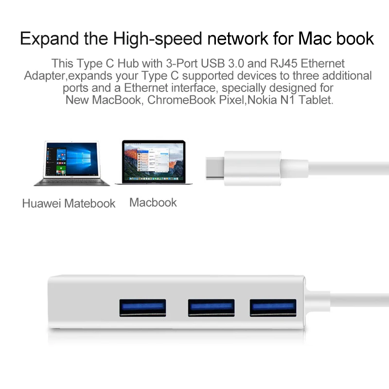 3 порта USB 3,0 концентратор type C Thunderbolt 3 для RJ45 100 Мбит/с Ethernet LAN адаптер данных тип-c Проводная сетевая карта для Macbook