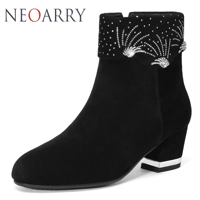 Neoarry Plus Size Ankle Boots For Women Thick High Heels Female Zipper Shoes Woman Crystal Short Boot Casual Ladies Footwear | Обувь
