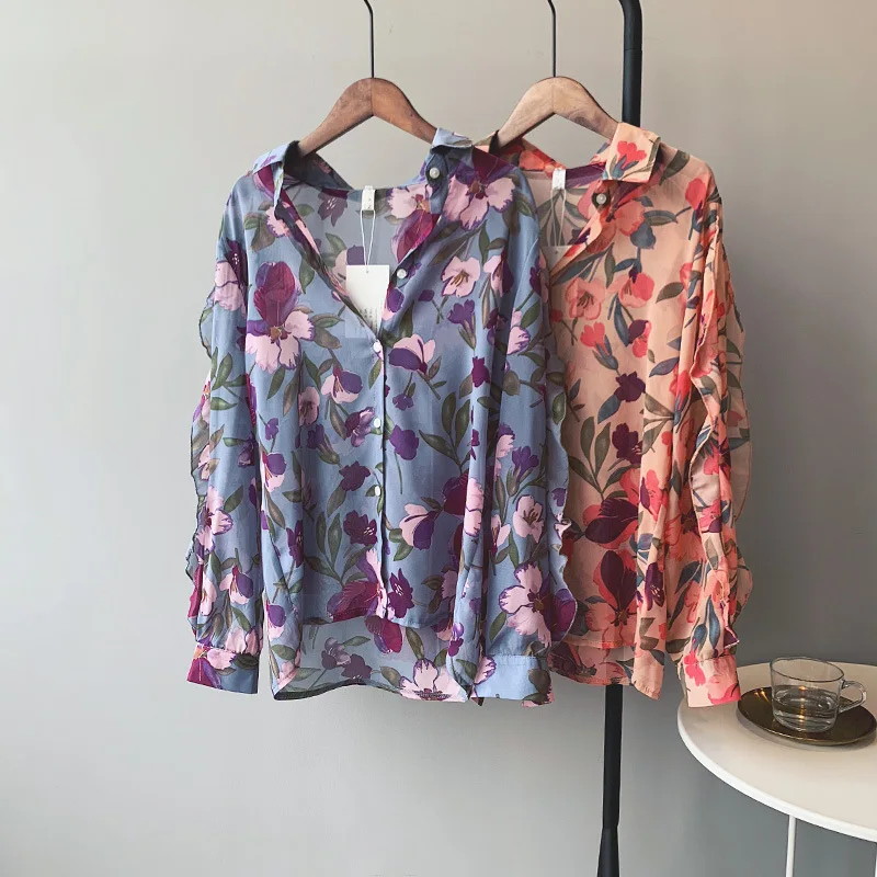

Mooirue Summer Spring 2019 Women Korean Blusas Printing Long Chiffon Long Turn-down Collar Blouse Lady Yellow Purple Cardigan