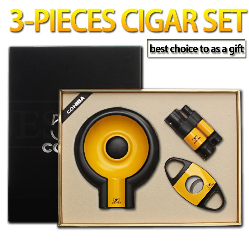 

COHIBA Lighter Cutter Ashtray Set Portable 1 Slot Ashtray Metal Cigar Lighter Sharp Cutter Cigars Accessories Set