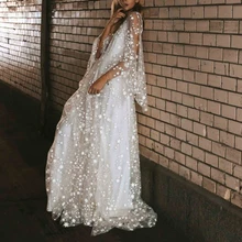 formal star print dress Women Long Sleeve Lace Perspective Backless ladies Dress Boho Prom Maxi Dress lace sleeve bear print sleep dress
