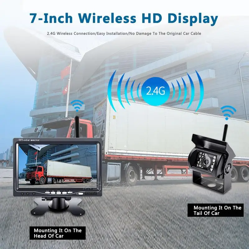 

2.4G Signal Receiving Wireless Reverse Reversing Camera & IR Night Vision 7" Car Monitor for Truck Bus Caravan RV Van Trailer