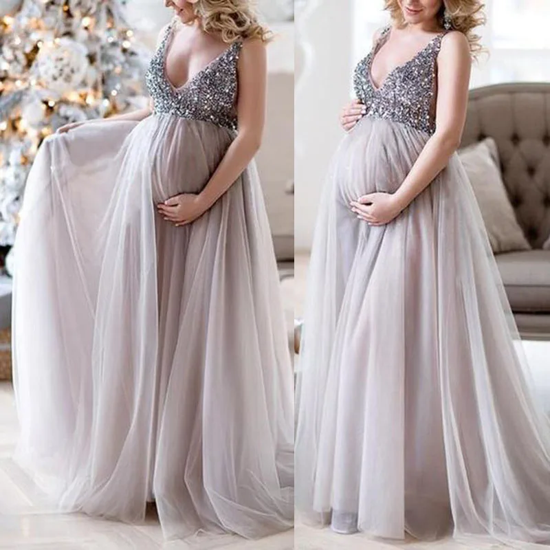 

Women Sequin Deep V Neck Maternity Maxi Dress Evening Ladies Summer Long Dresses S-XL