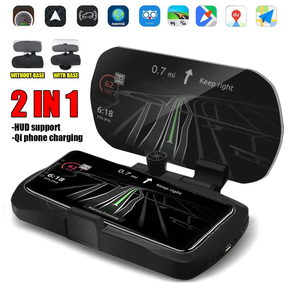 

2 in 1 10W Qi Wireless Charger Car HUB Head-up Navigation Display Phone Holder Stand Mount For iPhone Samsung Huawei Xiaomi