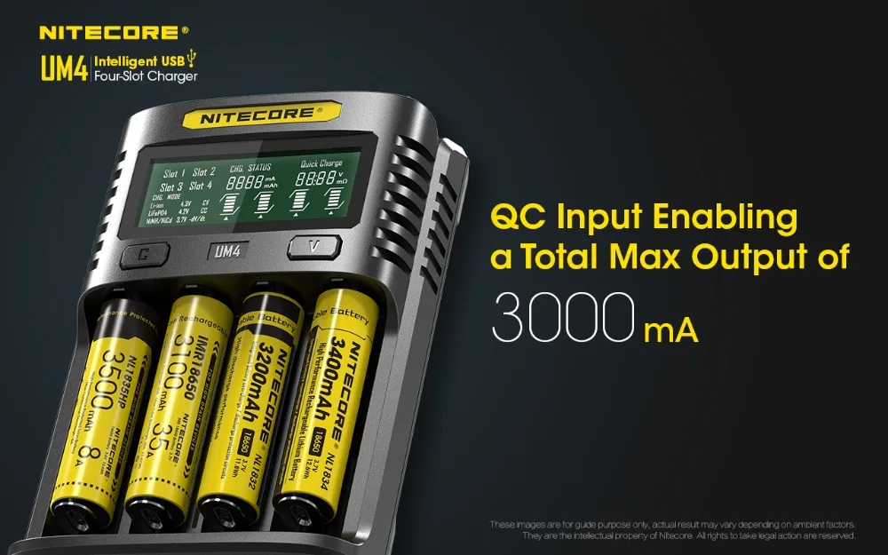 NITECORE UM4 Intelligent USB 4 Slot Charger LCD Display Multiple Input Sources Available for Li-ion/IMR/INR/ICR/LiFePO4 battery